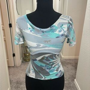 Vintage 90s / Y2K Via Vai blue mesh top with design. Size S